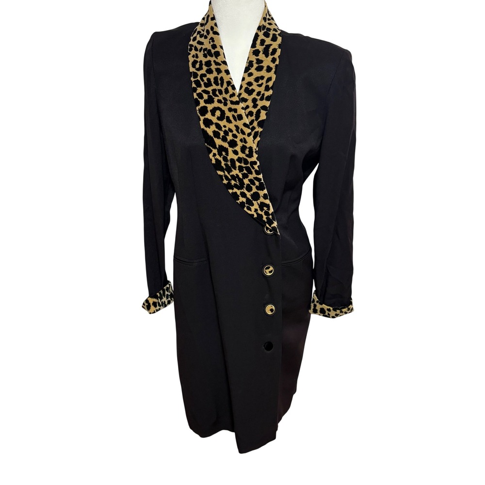 Jessica Howard VTG Black Coat Dress Suede Leopard Print Collar Size 10 USA Made